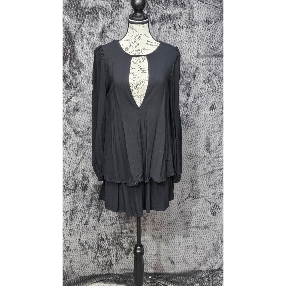 Free People Dress Sz XS Beck Tiered Mini Deep‎ V Black Boho Keyhole Office Siren